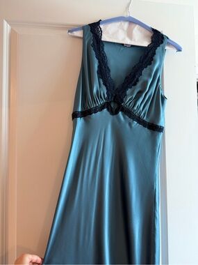 Reformation Teal Slip with Black Lace Trim